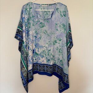SUSAN GRAVER Medium Silky Scarf Top Tassels Blue Green